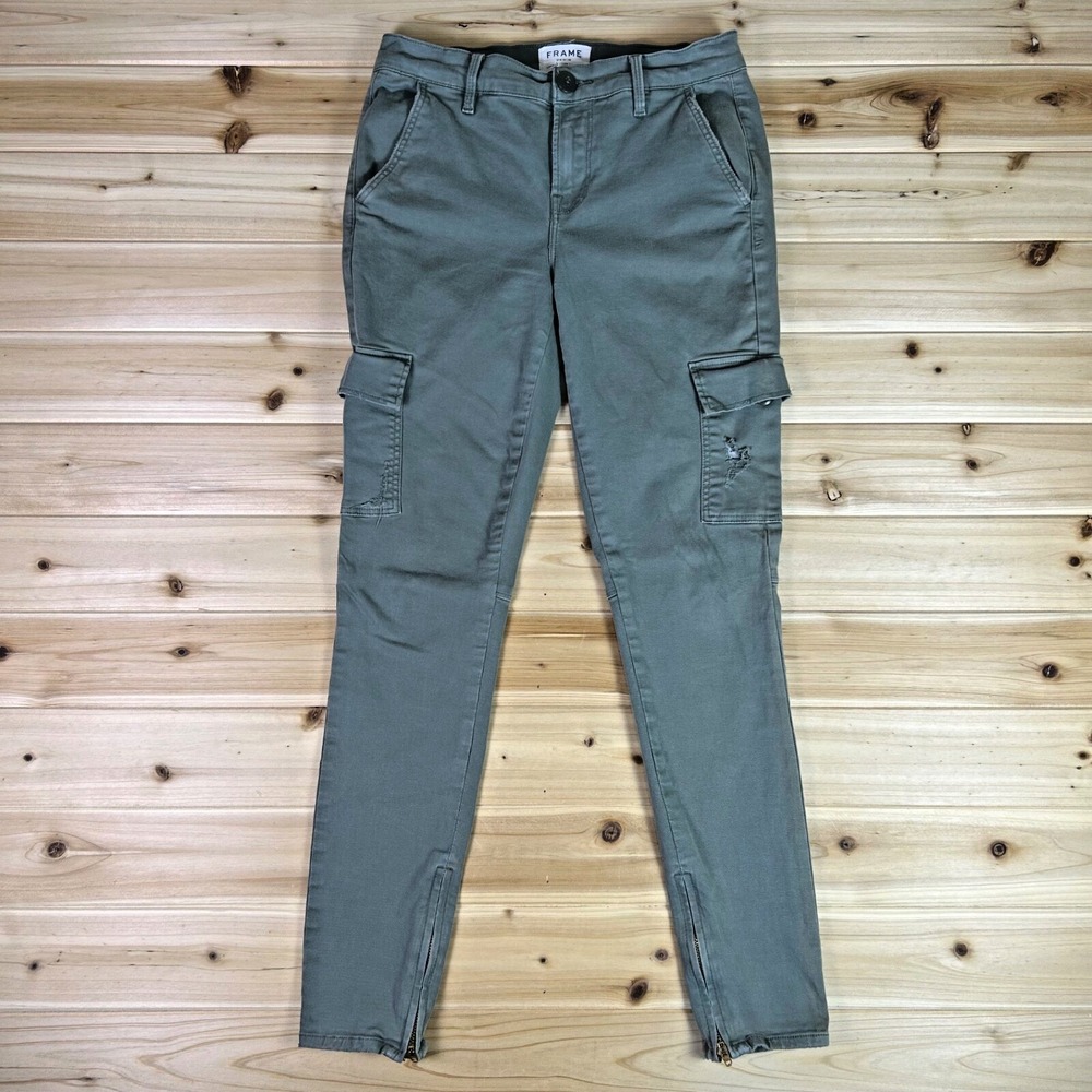 Frame Denim Jeans Womens 26 Distressed Army Green Cargo Low Rise Skinny Jeans - Picture 1 of 11